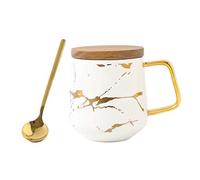 YBK Tech Ensemble de tasses à thé en porcelaine pour thé de l'après-midi - Motif marbre (blanc, 400 ml + couvercle en bois)