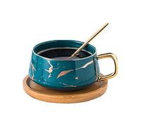 YBK Tech Ensemble de tasses à thé et café en porcelaine pour le thé de l'après-midi - Motif marbre (bleu, 300 ml + soucoupe en bois)