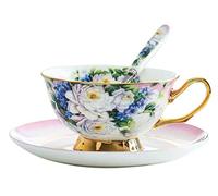 YBK Tech Ensemble tasse et soucoupe de style européen en porcelaine anglaise pour le thé, le café, le petit-déjeuner et la cuisine - Fleurs violettes (rose)