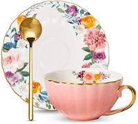 YBK Tech Ensemble tasse et soucoupe en porcelaine, tasses à cappuccino vintage avec bords dorés, tasses à expresso de 200 ml, motif floral à l'intérieur de la tasse (rose)