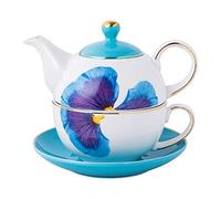 YBK Tech Ensemble théière, tasse et soucoupe style européen en porcelaine anglaise pour thé, café et cuisine - Motif papillons (bleu)
