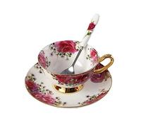YBK Tech Euro style Coupe & Soucoupe Ensemble Art OS Chine Céramique Thé Café Coupe pour Accueil Cuisine Mariage (Rose rouge)