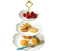 YBK Tech Plat de service à gâteaux avec assiettes en porcelaine sur 3 étages Blanc Gold Rod