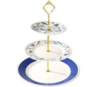 YBK Tech Présentoir à gâteaux 3 étages en porcelaine anglaise Style européen Fleurs bleues