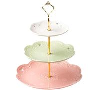 YBK Tech - Présentoir à gâteaux en porcelaine à 3 étages avec motif dentelle en relief - (blanc + vert + rose, tige dorée)