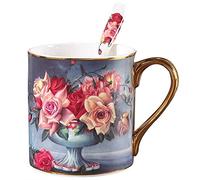 YBK Tech Tasse à thé en porcelaine anglaise 355 ml pour la maison, la cuisine, le bureau - Motif rose vintage (gris)