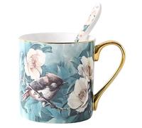 YBK Tech Tasse à thé en porcelaine anglaise pour la maison, la cuisine, le bureau - Motifs oiseaux (Turquoise/vert)