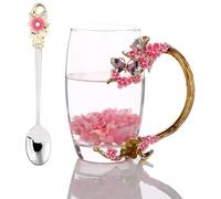 YBK Tech Tasse créative en verre de cristal pour boissons chaudes, thé glacé - Papillon violet et fleur de prunier (sans boîte cadeau) (rose, grand (350 ml)