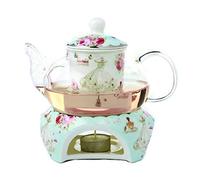 YBK Tech Théière en porcelaine anglaise et verre avec chauffe-thé et infuseur à thé (Bleu (Motifs rose et robe))