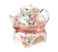 YBK Tech Théière en porcelaine anglaise et verre avec réchaud et infuseur à thé (motifs papillons) Rose