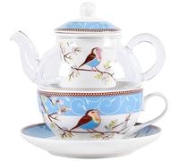 YBK Tech Théière en Verre avec Infuseur en Porcelaine, Ensemble Tasse et Soucoupe Motif Oiseau Heureux, Théière et Tasse pour Une Personne (Bleu)