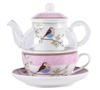 YBK Tech Théière en verre avec infuseur en porcelaine, tasse et soucoupe, théière et tasse à thé pour une personne (rose)