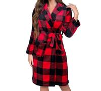 YBNKKUXKN Peignoir en polaire for femme, imprimé, moelleux, douillet, chaud, for la douche, le spa, séchage rapide et pourtant chaud(Red Plaid,XL)