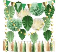YBwanli Décoration Fête Tropicale Été - Kit Complet avec Pompons, Éventails, Guirlandes Papillons et Tassels en Vert, Crème et Doré pour Jardin, Anniversaire Enfant, Baptême et Baby Shower