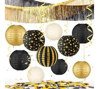YBwanli Ensemble Decoration Anniversaire noir et or de 16 pièces, Comprend des lanternes noires et dorées,Rideau Métallique de Frange, pour Anniversaire, du Nouvel An, Mariage, Remise de Diplômes
