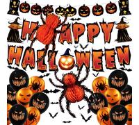 YBwanli Kit de décoration Halloween, Grande araignée créative en 3D, bannière de Happy Halloween, guirlande citrouilles, Ballon de la terreur, 3D Chauve Souris,Un ensemble de décorations intéressantes