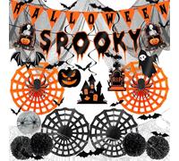 YBwanli Kit de décoration halloween,Guirlande halloween,Bannière Spooky,Tissu effrayant noir,Spirale à suspendre au plafond,Éventails en papier,Toile d'araignée,3D Chauve souris,Pompons en papier noir