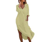 YBWZH Robe en coton et lin pour femme avec fermeture à revers - Robe unie décontractée à manches longues - Jupe chemise tendance - Robe de maternité grande taille pour femme - À porter à la maison ou