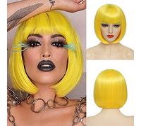 YBYMCAI Perruque carrée jaune avec frange - Perruque courte jaune pour femme - 25,4 cm - Aspect naturel - Pour un usage quotidien ou une fête