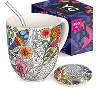 YC YANG CHAI Tasse à Thé 900ml - Grande Tasse à Thé en Porcelaine - Grosse Mug avec 10 Filtres à Thé, Paille en Verre et Sous-Verre - Tasse à Café, Grand Bol, Mug Geant, Gobelet - YC Nature