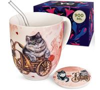 YC YANG CHAI Tasse Jumbo 900ml - Grande Tasse XXL en Porcelaine Fine avec Dessous de Verre - Mug Chat pour Thé, Café ou Cacao - Coffret Cadeau pour Amoureux des Chats - YC CatiCat