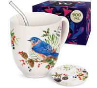 YC YANG CHAI Tasse Thé XXL 900ml - Grande Tasse Jumbo en Porcelaine Fine avec Dessous de Verre - Mug 1L pour Thé, Café, Cappuccino, Latte, Muesli - Coffret Cadeau Élégant - YC Suni Birds