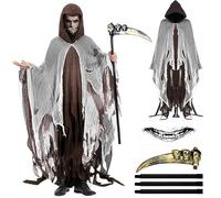 Ycaaeo Costume de Fantôme Effrayant Halloween,Costume de Faucheuse pour Hommes,Cape de Faucheuse Effrayante avec Capuche,Robe Déchirée avec Tatouage de Faux pour le Cosplay de Carnaval d'Halloween