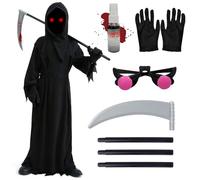 Ycaaeo Costume de faucheuse pour enfant avec faucheuse, sang artificiel, lunettes et gants, costume d'Halloween pour enfants garçons et filles à partir de 8 à 10 ans