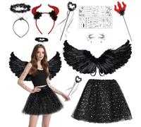 Ycaaeo Deguisement Ange Diable Noir Femme,Angle&Devil Costume Women avec Aile Demon,Serre Tete Ange,Baguette Magique et Bandeau du Diable,Jupe bouffante pour Carnaval Halloween Cosplay