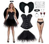 Ycaaeo Deguisement Ange Noir Femme,Costume Diable Femme avec Corset Sexy, Aile Demon,Serre Tete Ange,Bandeau du Diable,Jupe bouffante pour Carnaval halloween Cosplay
