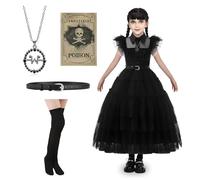 Ycaaeo Deguisement Mercredi Enfant,Robe Mercredi Fille avec Chaussettes Longues Collier Ceinture Autocollant,Costume Mercredi Enfant pour Carnaval Halloween Cosplay (140)