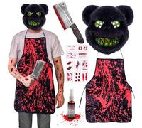 Ycaaeo Masque Halloween Horreur Set, Ours Horreur Masque, Con Sanglant Tablier, Autocollant Tatouage Halloween, TronçOnneuse Gonflable, Masque de Ours Sanglant halloween