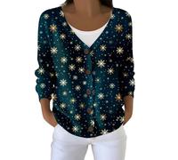 YCBMINGCAN Cardigan de Noël pour femme | Veste de survêtement festive légère avec boutonnière | Haut à manches longues avec motif de Noël | Col en V Veste automne hiver, #6 - Bleu marine, S