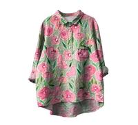 YCBMINGCAN Chemise décontractée à manches longues en coton et lin avec motif floral pour femme avec col à revers tunique femme viking, rouge, XXXL