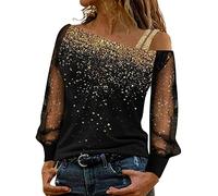 YCBMINGCAN Chemisier décontracté à paillettes imprimé T-shirt en maille épissure Long Femmes Hauts Épaule froide Manches Amples Chemisier Femme Noir Manches Bouffantes Chemise, or, XL