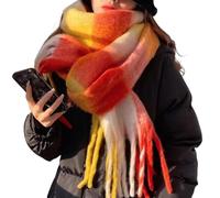 YCBMINGCAN Écharpe en tricot tissé pour femme avec motif à carreaux colorés et longues franges épaisses, écharpe bleue chaude d'hiver pour femme, Orange, taille unique