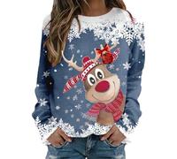 YCBMINGCAN Pull de Noël pour femme avec motif de renne - T-shirt à manches longues - Col rond - Pull avec flocons de neige - Pour Noël, bleu, S