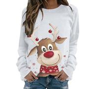 YCBMINGCAN Pull de Noël pour femme avec motif de renne - T-shirt à manches longues - Col rond - Pull avec flocons de neige - Pour Noël, #03white, S