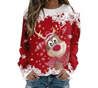 YCBMINGCAN Pull de Noël pour femme avec motif de renne - T-shirt à manches longues - Col rond - Pull avec flocons de neige - Pour Noël, Rouge pastèque, S