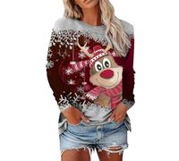 YCBMINGCAN Pull de Noël pour femme avec motif de renne - T-shirt à manches longues - Col rond - Pull avec flocons de neige - Pour Noël, #02red, S