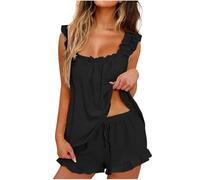YCBMINGCAN Pyjama court et pyjama pour femme avec volants, shorty d'été 2 pièces, haut sans manches avec short comme ensemble de salon aéré, #1 - Noir, XL