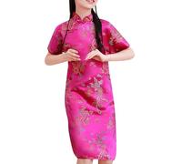 YCBMINGCAN Tout-petits, enfants, grands enfants, à manches courtes, col montant, boucle dorée, cheongsam chinois, robe du Nouvel An, robes de vacances à carreaux (Rose vif, 5-6 ans)