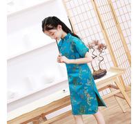 YCBMINGCAN Tout-petits, enfants, grands enfants, manches courtes, col montant, boucle dorée, cheongsam chinois, robe de Nouvel An, robes de vacances à carreaux (Bleu Ciel, 5-6 ans)