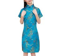YCBMINGCAN Tout-petits, tout-petits, grands enfants, manches courtes, col montant, boucle dorée, cheongsam chinois, robe de Nouvel An, robe de vacances à carreaux, 1 bleu ciel, 9-10 ans
