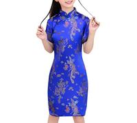YCBMINGCAN Tout-petits, tout-petits, grands enfants, manches courtes, col montant, boucle dorée, cheongsam chinois, robe de Nouvel An, robe de vacances à carreaux, bleu, 7-8 ans