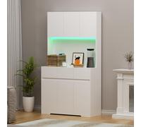 YCBTREE Armoire de cuisine avec éclairage LED, buffet avec plan de travail, prise et 3 tiroirs, armoire de rangement pour cuisine, salon, salle à manger, 170 x 100 x 38,5 cm, blanche