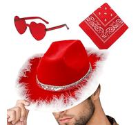 ycezw Chapeau de cowboy de Noël, Chapeau de cowboy de Père Noël - Bonnet de fête avec chapeau occidental - Chapeau de fête de Noël avec lunettes coeur 3X, chapeau de cowgirl