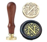 Ychostamp Kit de tampon de cire pour sceau de cire - Tampon de cire pour scellement initial - Sceau en laiton baroque - 25 mm - Tampons alphabet avec poignée (lettre N)