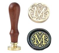 Ychostamp Kit de tampon de cire pour sceau initial - Sceau en laiton baroque - 25 mm - Tampons alphabet avec poignée (lettre M)