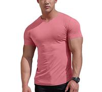 YCHSXAIZ T-Shirts athlétiques en Maille pour Hommes avec col en V Fendu pour la Musculation d'entraînement de Gym Color Pink Size M